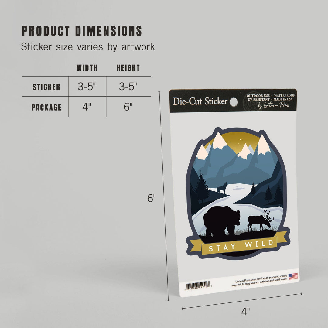 Stay Wild, Animal Silhouettes, Yellow & Blue, Contour, Lantern Press Artwork, Vinyl Sticker Sticker Lantern Press