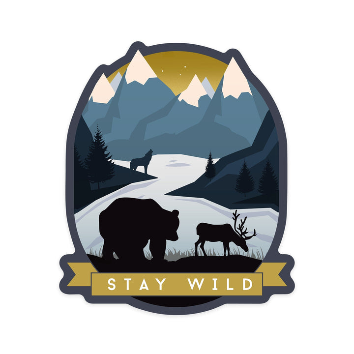 Stay Wild, Animal Silhouettes, Yellow & Blue, Contour, Lantern Press Artwork, Vinyl Sticker Sticker Lantern Press