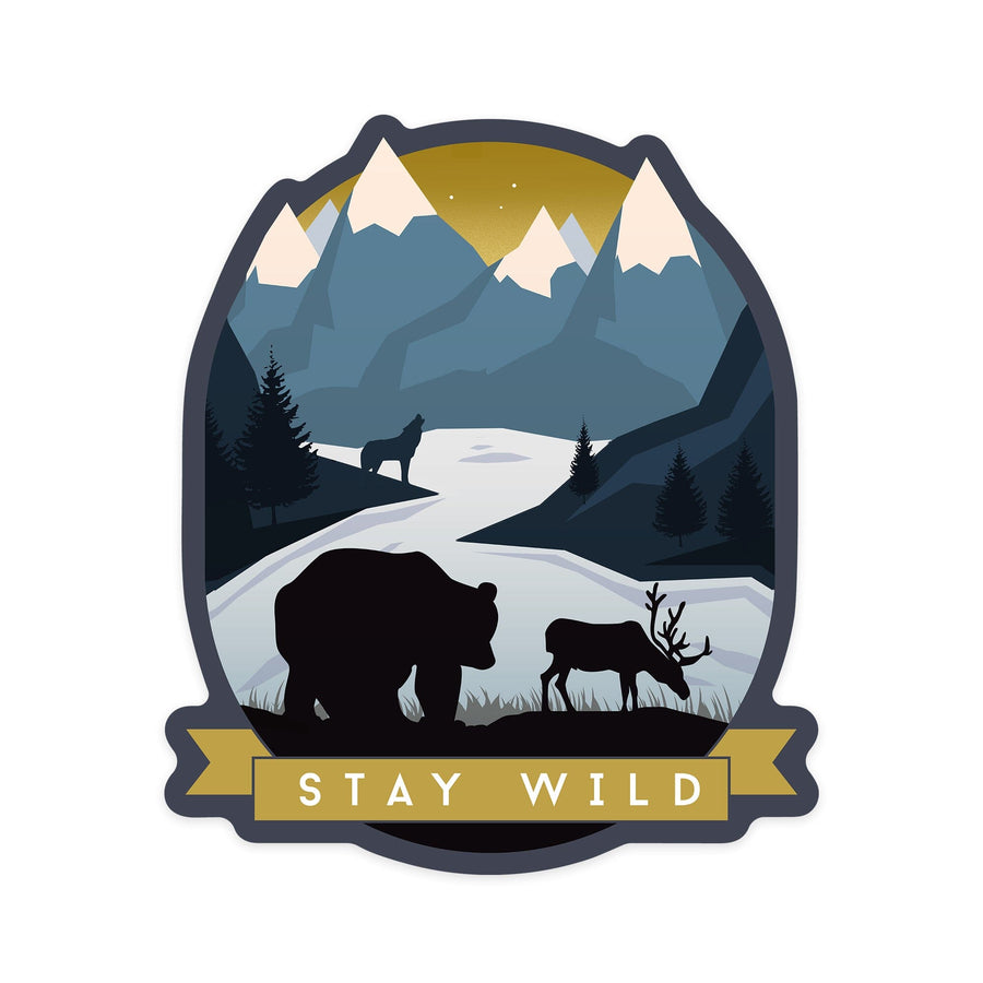 Stay Wild, Animal Silhouettes, Yellow & Blue, Contour, Lantern Press Artwork, Vinyl Sticker Sticker Lantern Press
