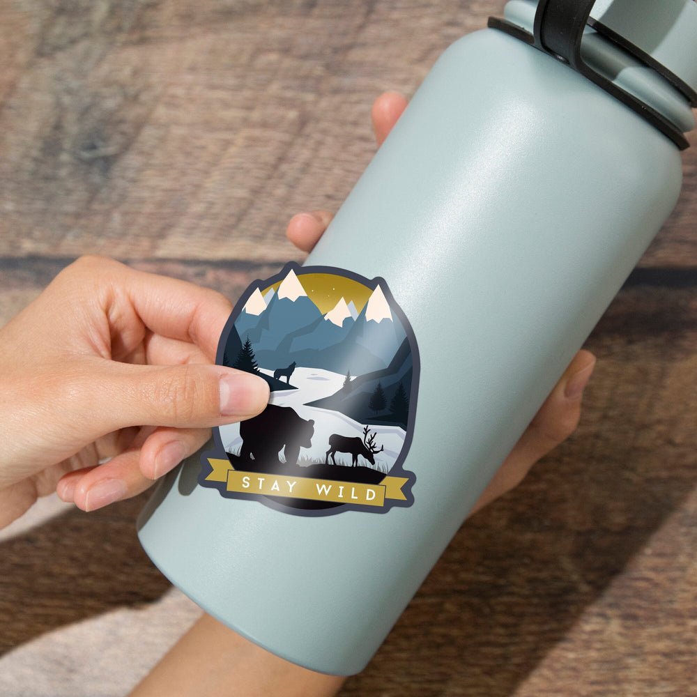 Stay Wild, Animal Silhouettes, Yellow & Blue, Contour, Lantern Press Artwork, Vinyl Sticker Sticker Lantern Press