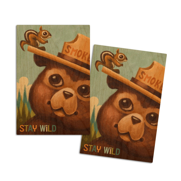 Stay Wild, Smokey Bear and Squirrel, Lantern Press Artwork, Wood Signs and Postcards Wood Lantern Press 4x6 Wood Postcard Set