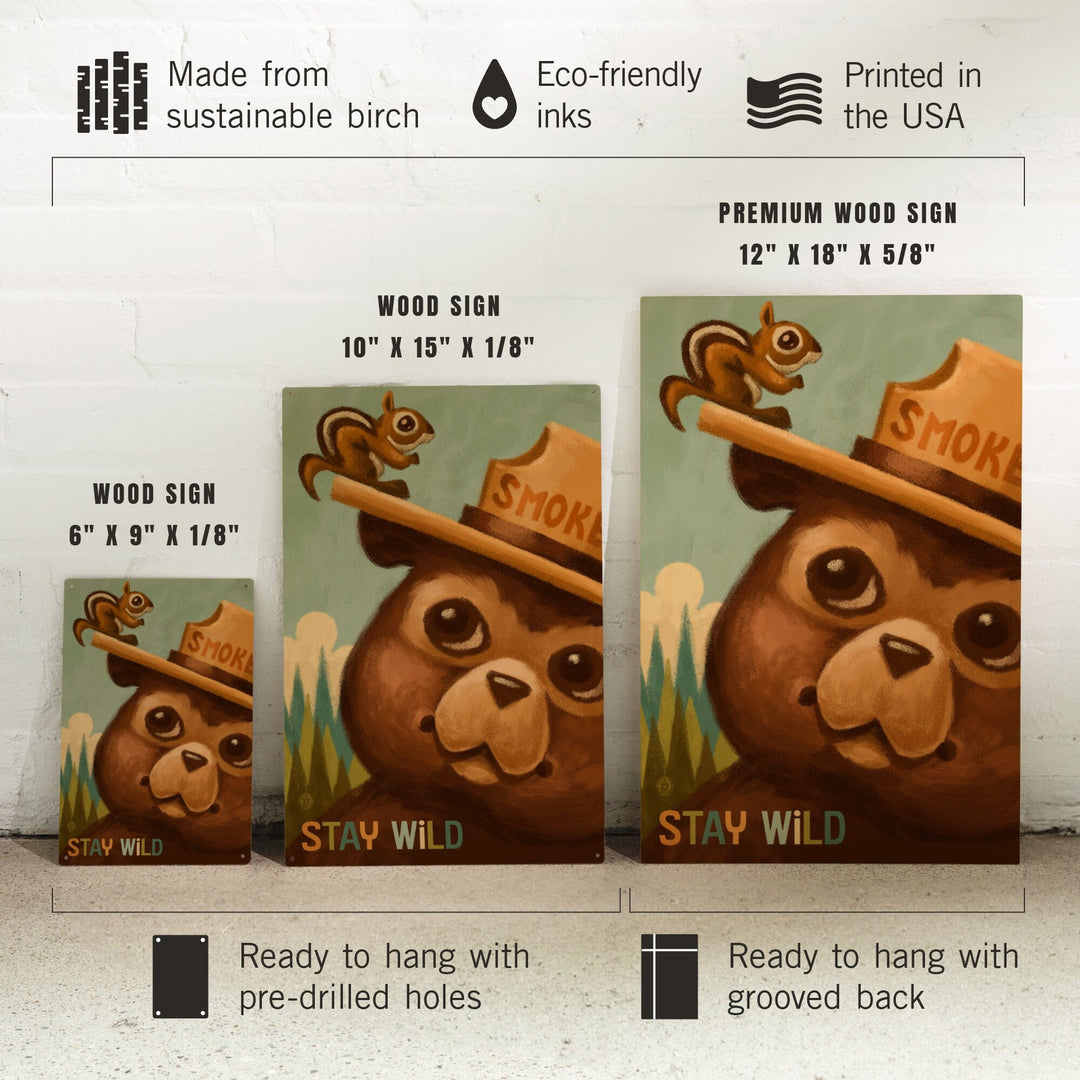 Stay Wild, Smokey Bear and Squirrel, Lantern Press Artwork, Wood Signs and Postcards Wood Lantern Press