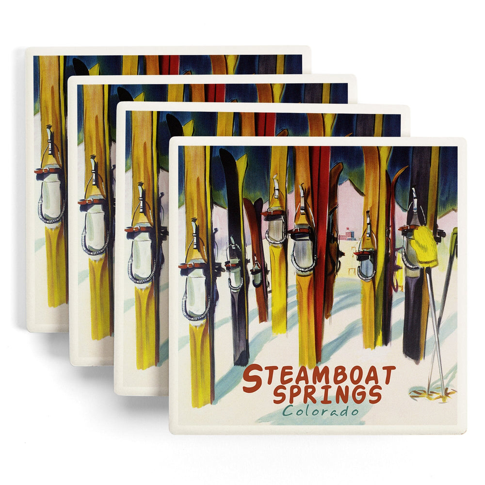 Steamboat Springs, Colorado, Colorful Skis, Coasters Coasters Lantern Press