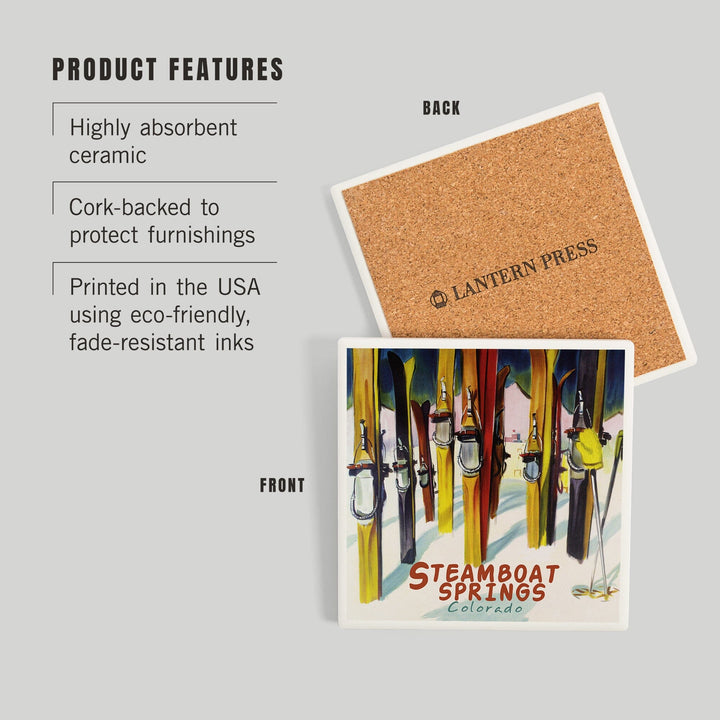Steamboat Springs, Colorado, Colorful Skis, Coasters Coasters Lantern Press