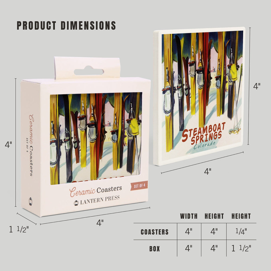 Steamboat Springs, Colorado, Colorful Skis, Coasters Coasters Lantern Press