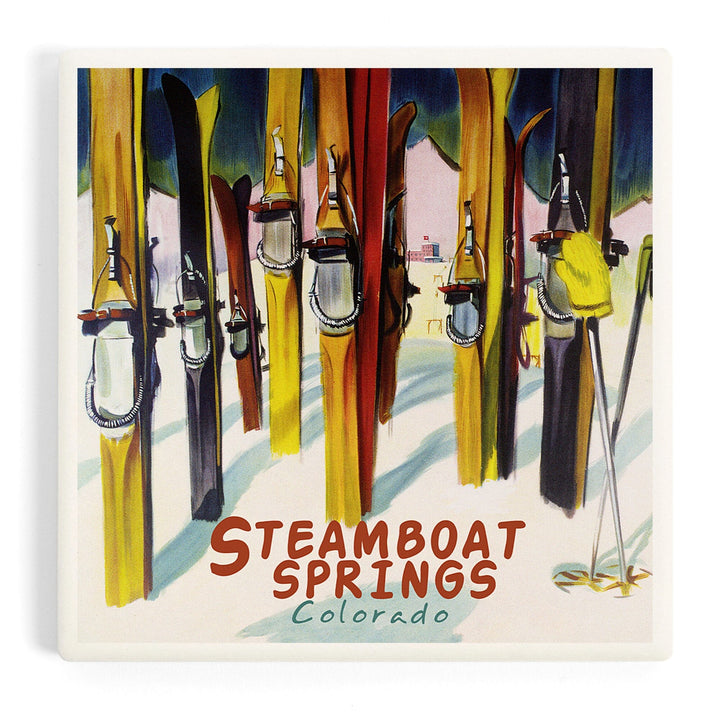 Steamboat Springs, Colorado, Colorful Skis, Coasters Coasters Lantern Press