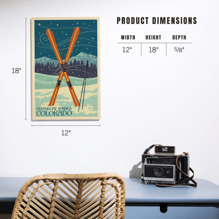 Steamboat Springs, Colorado, Crossed Skis, Letterpress, Lantern Press Artwork, Wood Signs and Postcards Wood Lantern Press