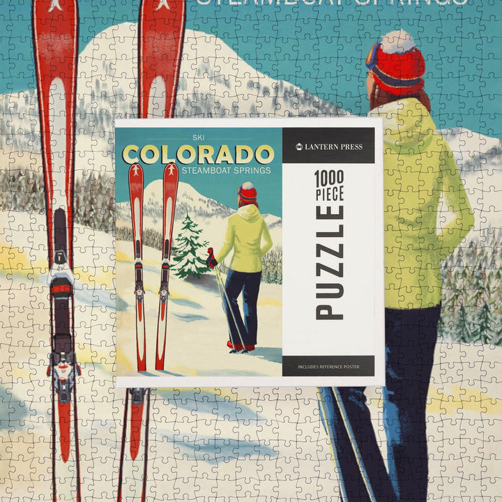 Steamboat Springs, Colorado, Woman Skier Mountain View, Ski Aspen, Jigsaw Puzzle Puzzle Lantern Press