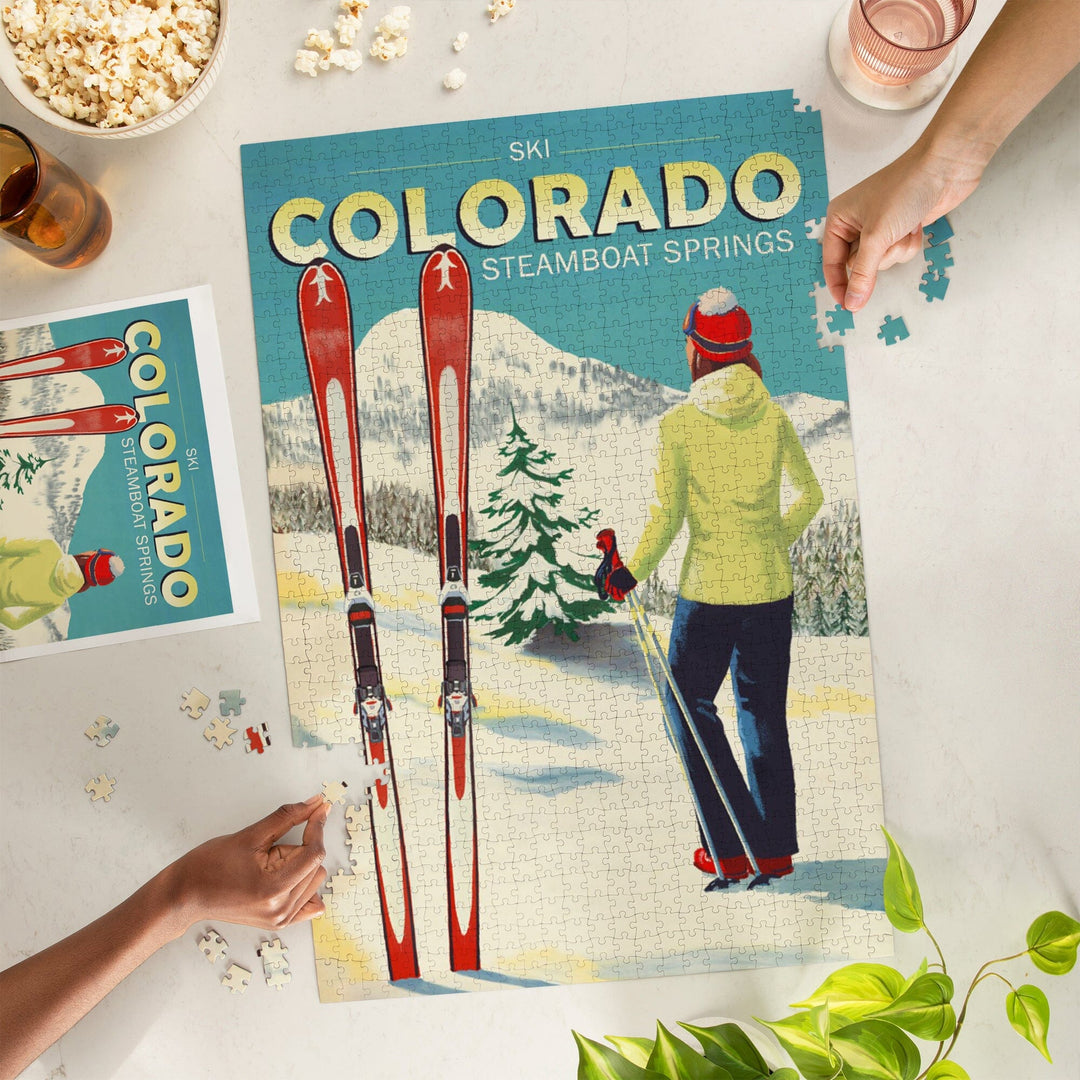 Steamboat Springs, Colorado, Woman Skier Mountain View, Ski Aspen, Jigsaw Puzzle Puzzle Lantern Press