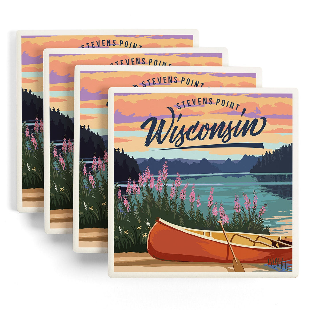 Stevens Point, Wisconsin, Canoe and Lake Scene, Coasters Coasters Lantern Press