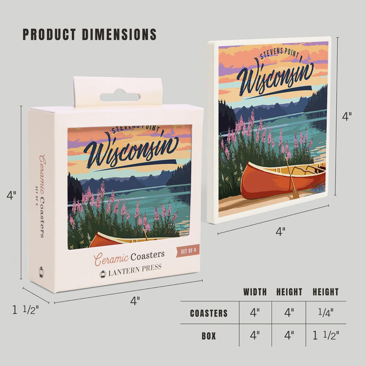 Stevens Point, Wisconsin, Canoe and Lake Scene, Coasters Coasters Lantern Press