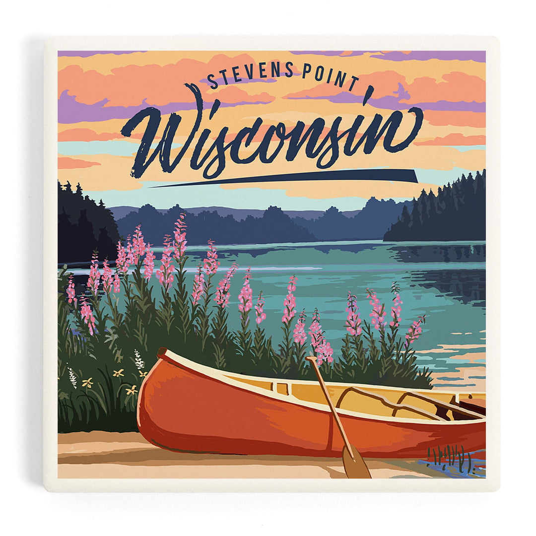 Stevens Point, Wisconsin, Canoe and Lake Scene, Coasters Coasters Lantern Press Coaster