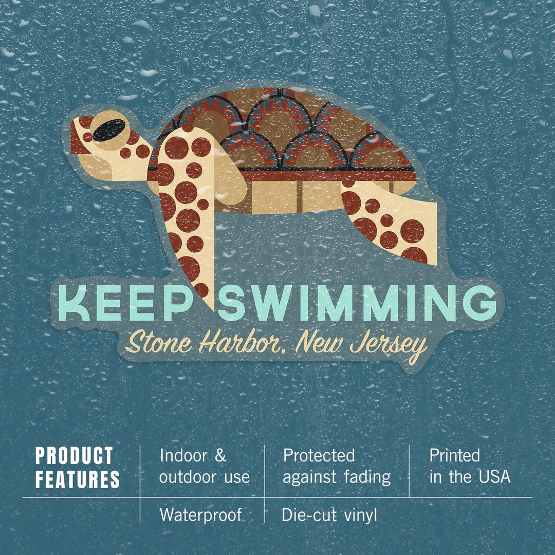 Stone Harbor, New Jersey, Sea Turtle, Keep Swimming, Geometric, Contour, Vinyl Sticker Sticker Lantern Press