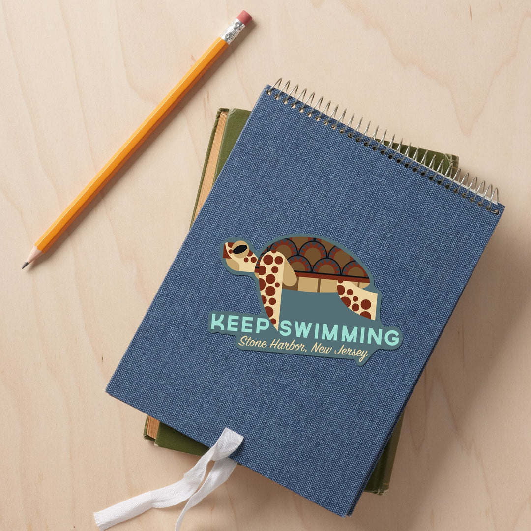 Stone Harbor, New Jersey, Sea Turtle, Keep Swimming, Geometric, Contour, Vinyl Sticker Sticker Lantern Press