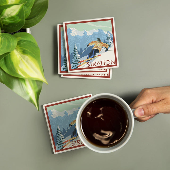 Stratton, Vermont, Downhill Skier Scene, Coasters Coasters Lantern Press