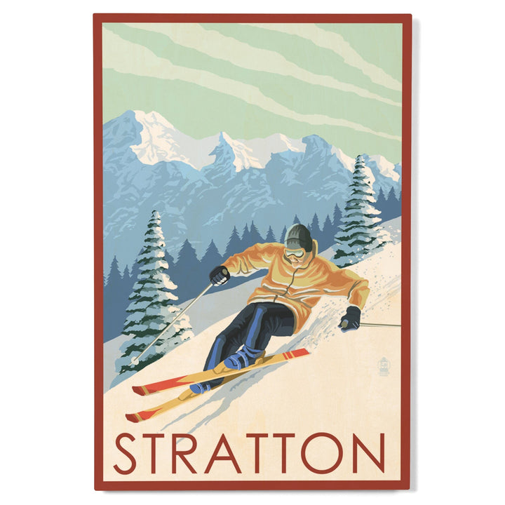 Stratton, Vermont, Downhill Skier Scene, Lantern Press Artwork, Wood Signs and Postcards Wood Lantern Press