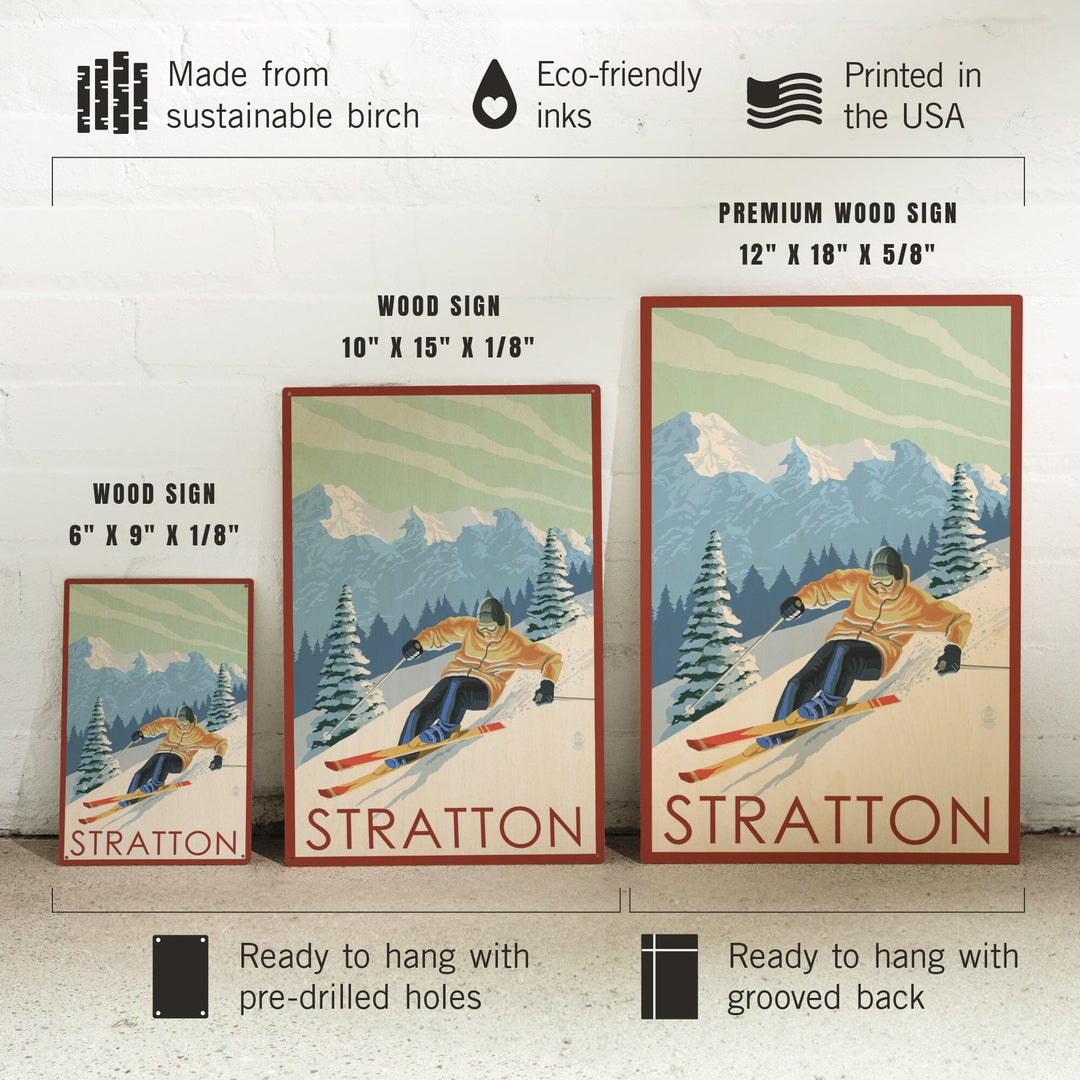 Stratton, Vermont, Downhill Skier Scene, Lantern Press Artwork, Wood Signs and Postcards Wood Lantern Press