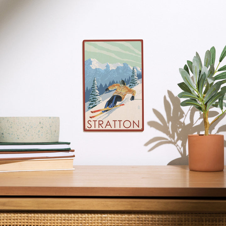 Stratton, Vermont, Downhill Skier Scene, Lantern Press Artwork, Wood Signs and Postcards Wood Lantern Press
