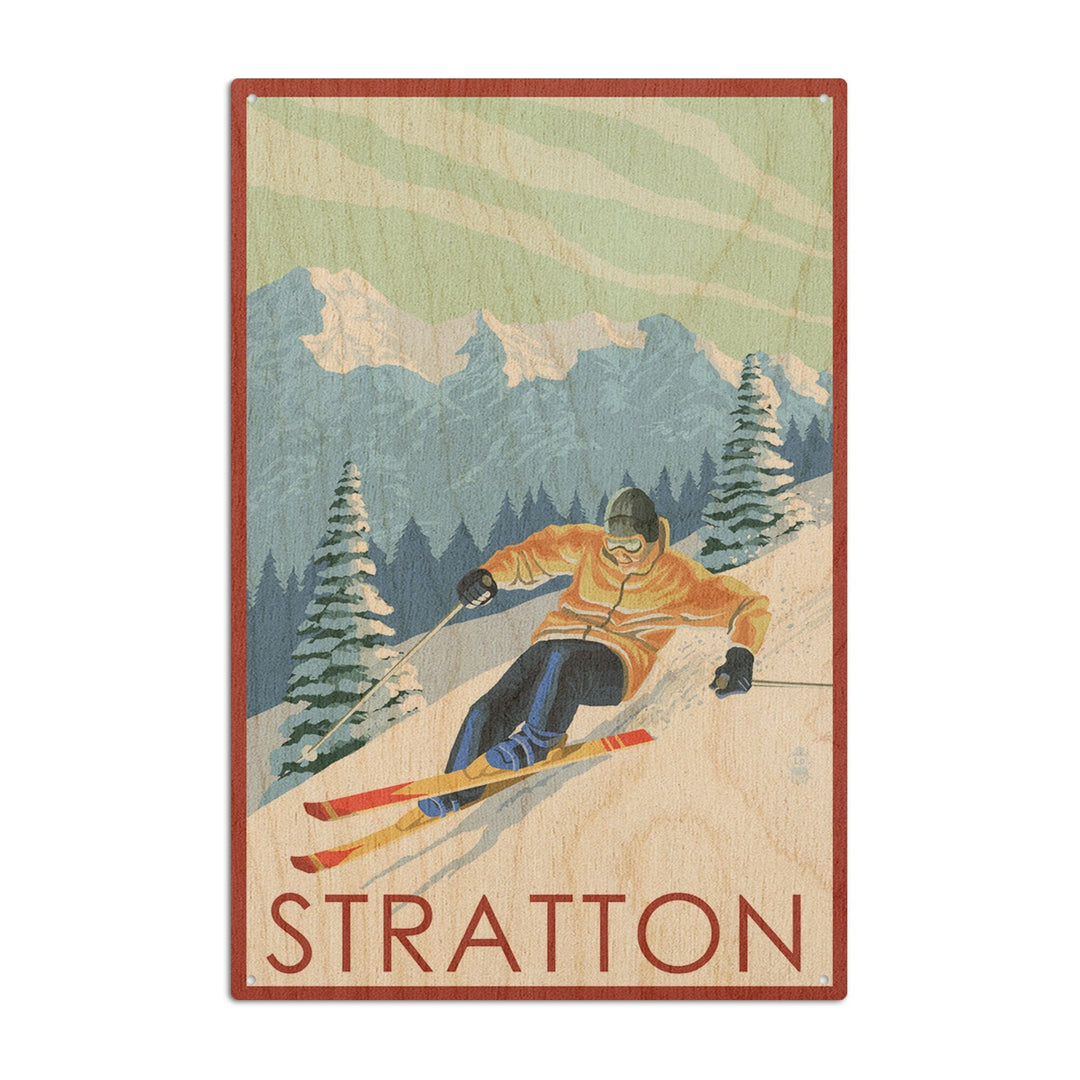 Stratton, Vermont, Downhill Skier Scene, Lantern Press Artwork, Wood Signs and Postcards Wood Lantern Press 6x9 Wood Sign