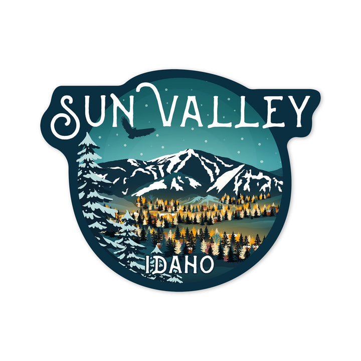 Sun Valley, Idaho, Bald Mountain & Town, Contour, Lantern Press Artwork, Vinyl Sticker Sticker Lantern Press