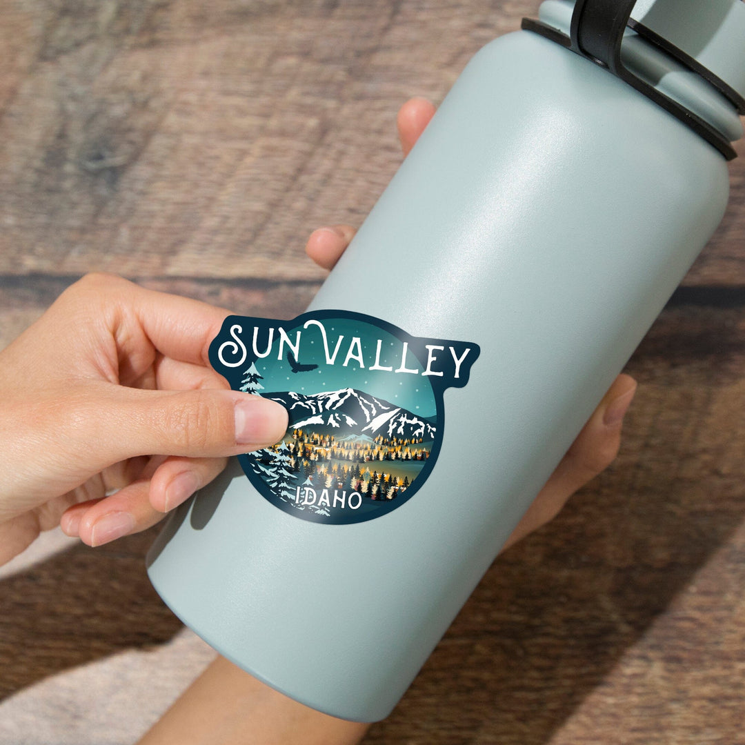 Sun Valley, Idaho, Bald Mountain & Town, Contour, Lantern Press Artwork, Vinyl Sticker Sticker Lantern Press