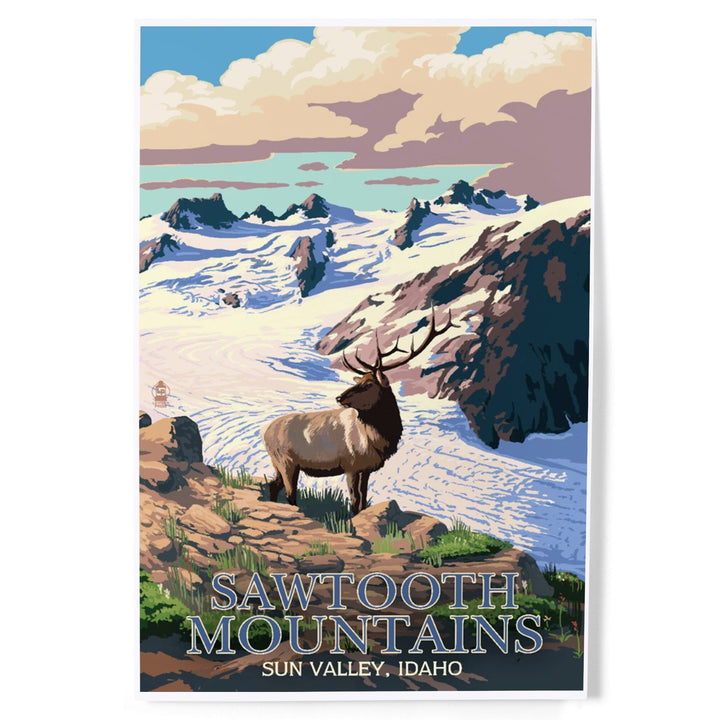Sun Valley, Idaho, Sawtooth Mountain, Elk and Snowy Mountain, Art & Giclee Prints Art Lantern Press