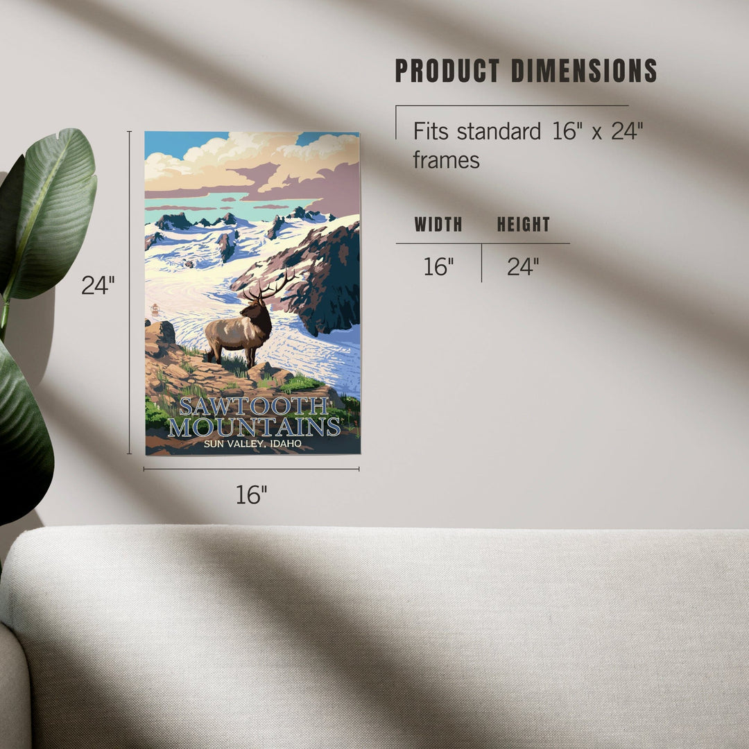 Sun Valley, Idaho, Sawtooth Mountain, Elk and Snowy Mountain, Art & Giclee Prints Art Lantern Press