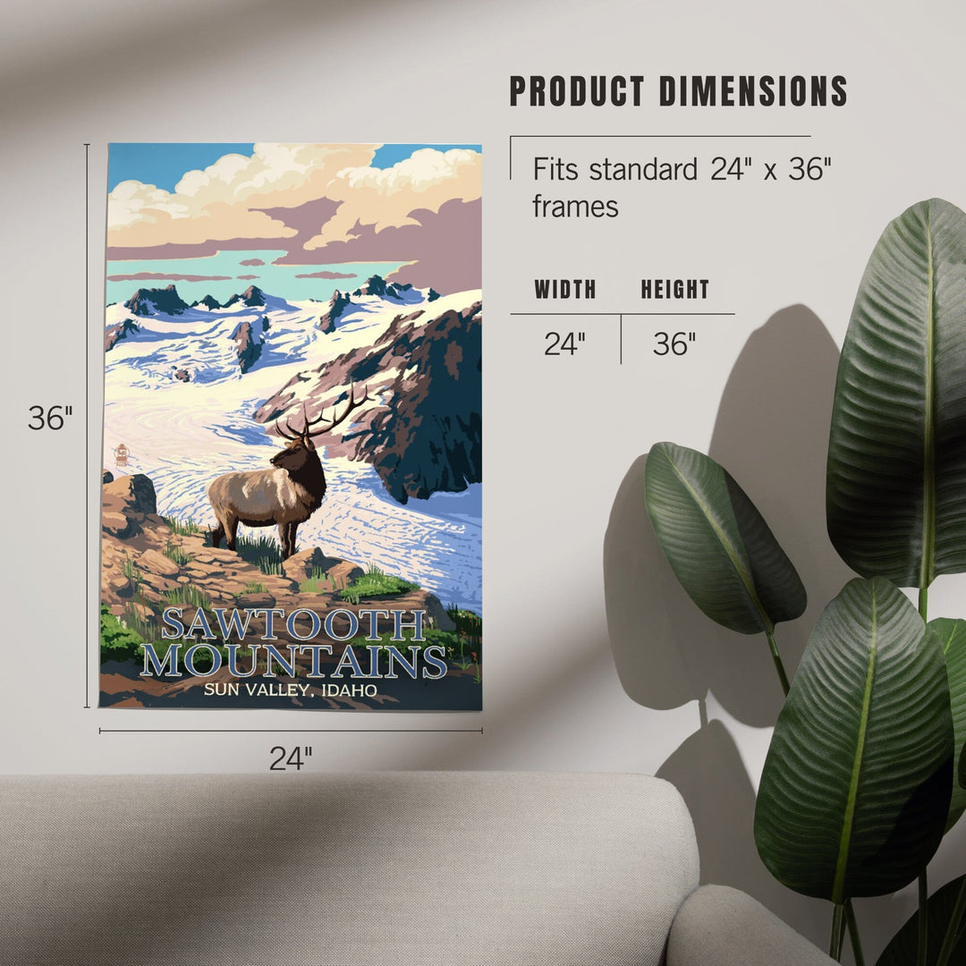 Sun Valley, Idaho, Sawtooth Mountain, Elk and Snowy Mountain, Art & Giclee Prints Art Lantern Press