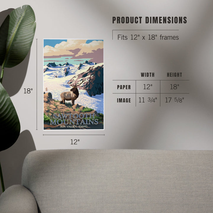 Sun Valley, Idaho, Sawtooth Mountain, Elk and Snowy Mountain, Art & Giclee Prints Art Lantern Press