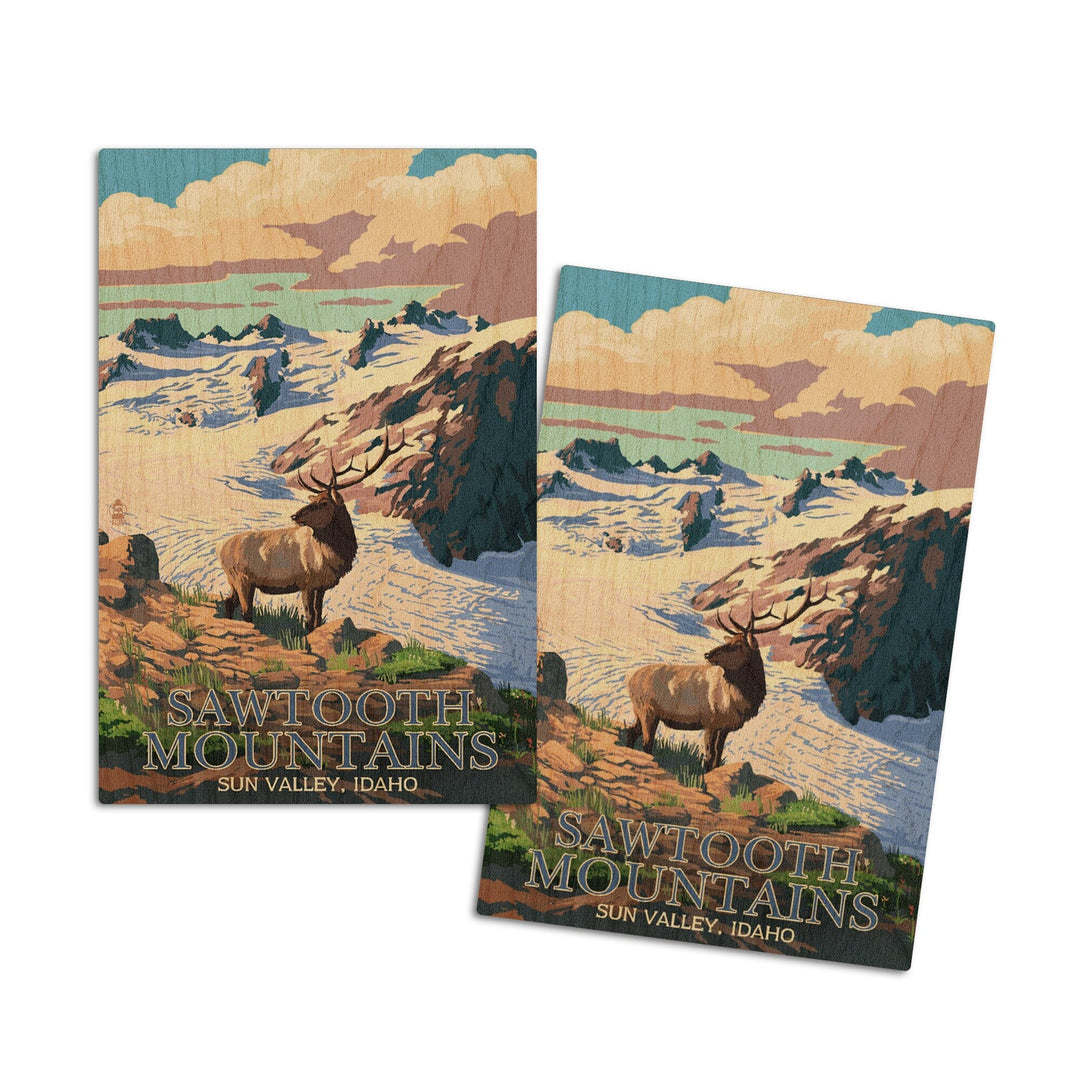 Sun Valley, Idaho, Sawtooth Mountain, Elk & Snowy Mountain, Lantern Press Artwork, Wood Signs and Postcards Wood Lantern Press 4x6 Wood Postcard Set