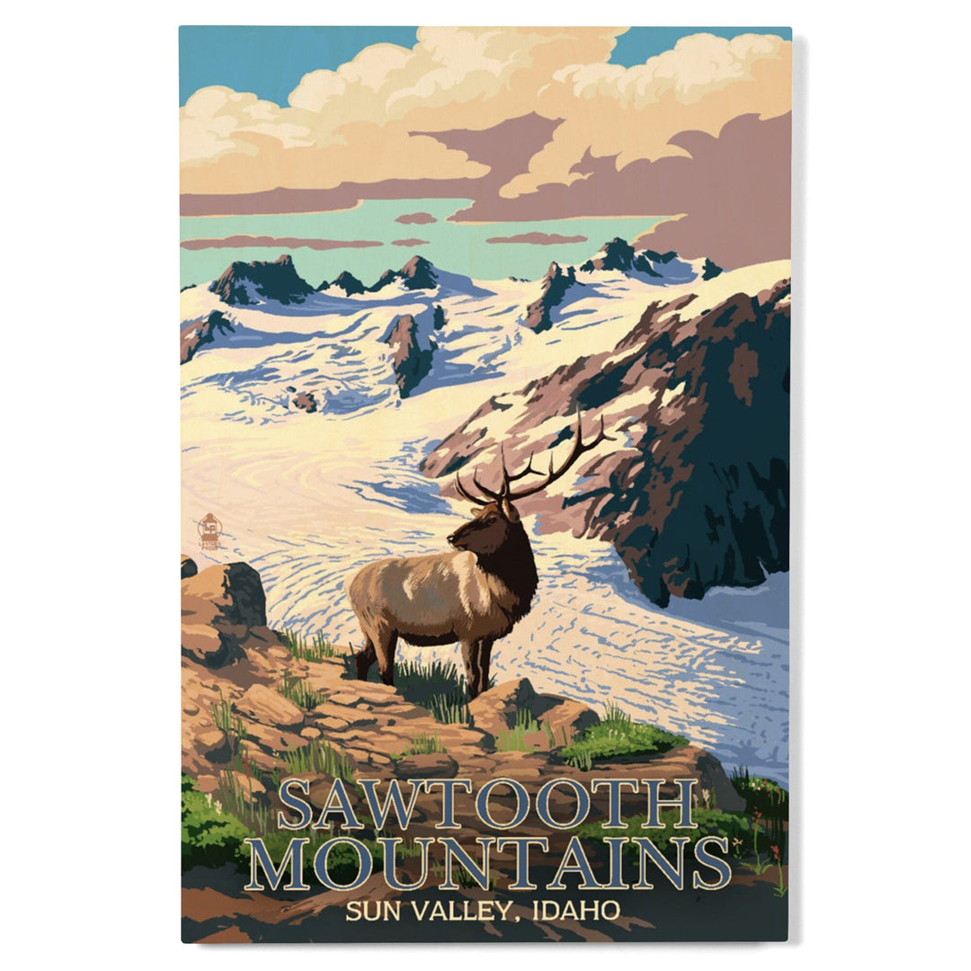 Sun Valley, Idaho, Sawtooth Mountain, Elk & Snowy Mountain, Lantern Press Artwork, Wood Signs and Postcards Wood Lantern Press
