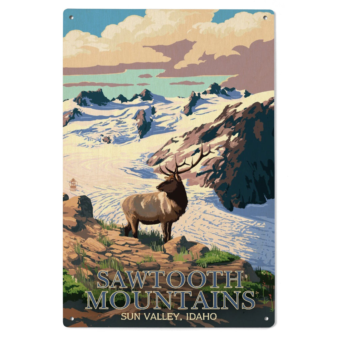 Sun Valley, Idaho, Sawtooth Mountain, Elk & Snowy Mountain, Lantern Press Artwork, Wood Signs and Postcards Wood Lantern Press