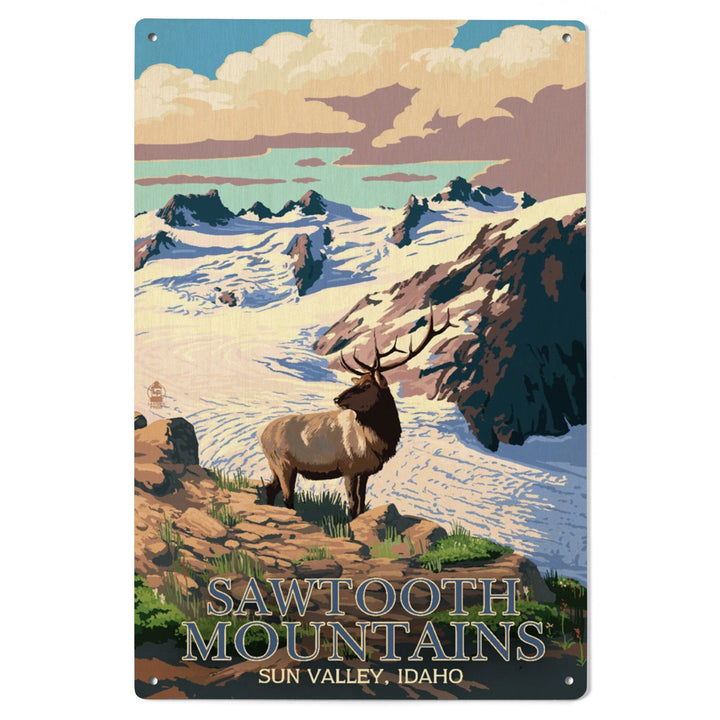 Sun Valley, Idaho, Sawtooth Mountain, Elk & Snowy Mountain, Lantern Press Artwork, Wood Signs and Postcards Wood Lantern Press