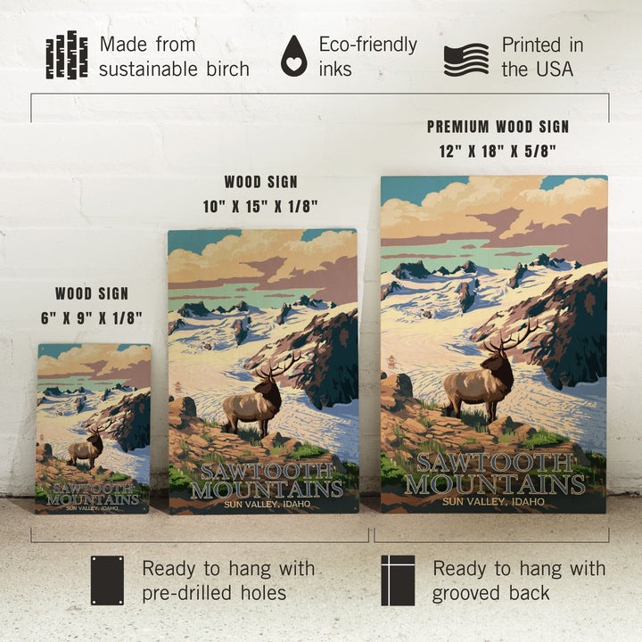 Sun Valley, Idaho, Sawtooth Mountain, Elk & Snowy Mountain, Lantern Press Artwork, Wood Signs and Postcards Wood Lantern Press
