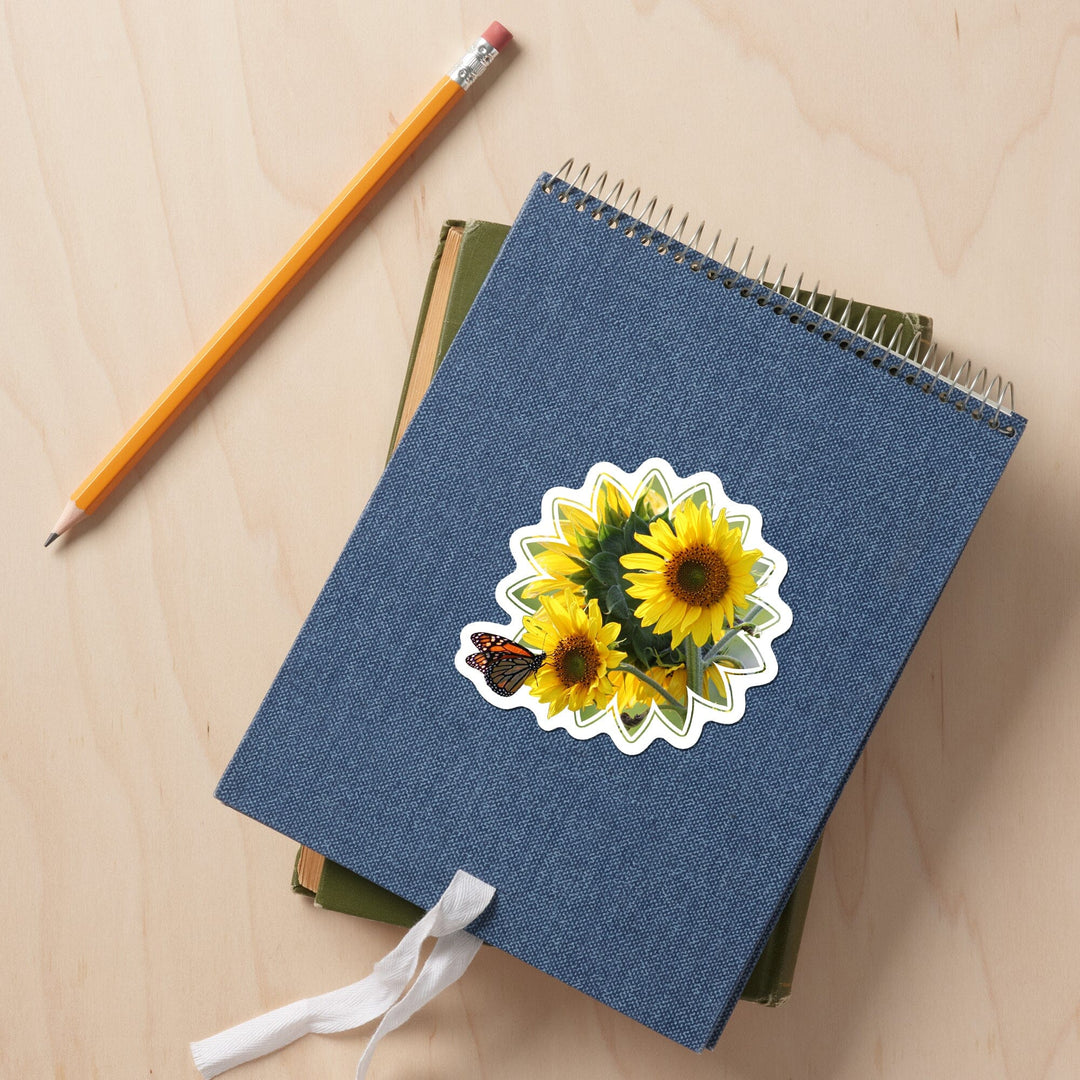 Sunflowers, Butterfly, Contour, Photography, Vinyl Sticker Sticker Lantern Press