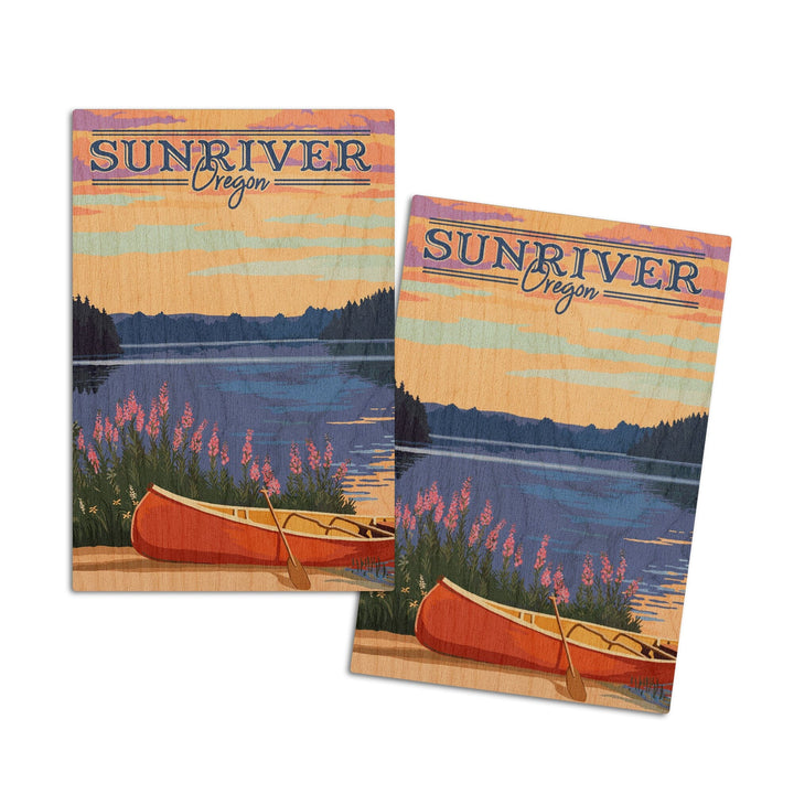 Sunriver, Oregon, Canoe & Lake, Lantern Press Artwork, Wood Signs and Postcards Wood Lantern Press 4x6 Wood Postcard Set