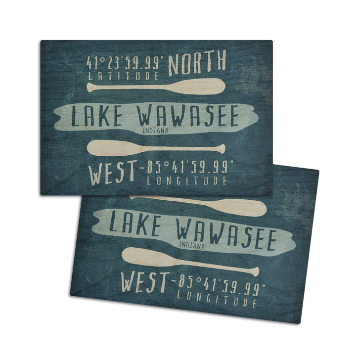 Syracuse, Indiana, Lake Essentials, Lake Wawasee, Lat Long, Lantern Press Artwork, Wood Signs and Postcards Wood Lantern Press 4x6 Wood Postcard Set