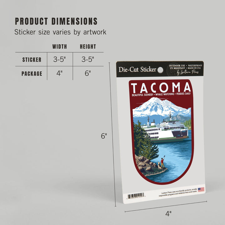 Tacoma, Washington, Ferry & Mount Rainier Scene, Contour, Lantern Press Artwork, Vinyl Sticker Sticker Lantern Press