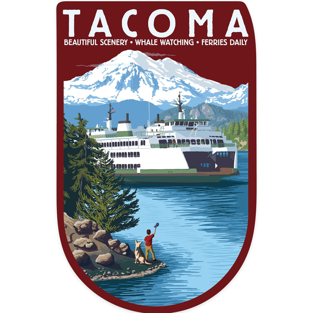 Tacoma, Washington, Ferry & Mount Rainier Scene, Contour, Lantern Press Artwork, Vinyl Sticker Sticker Lantern Press