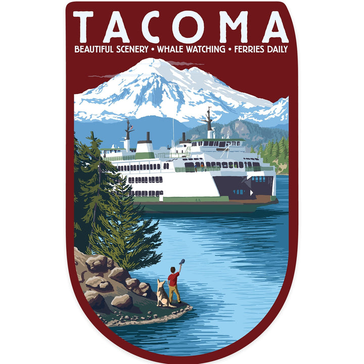 Tacoma, Washington, Ferry & Mount Rainier Scene, Contour, Lantern Press Artwork, Vinyl Sticker Sticker Lantern Press