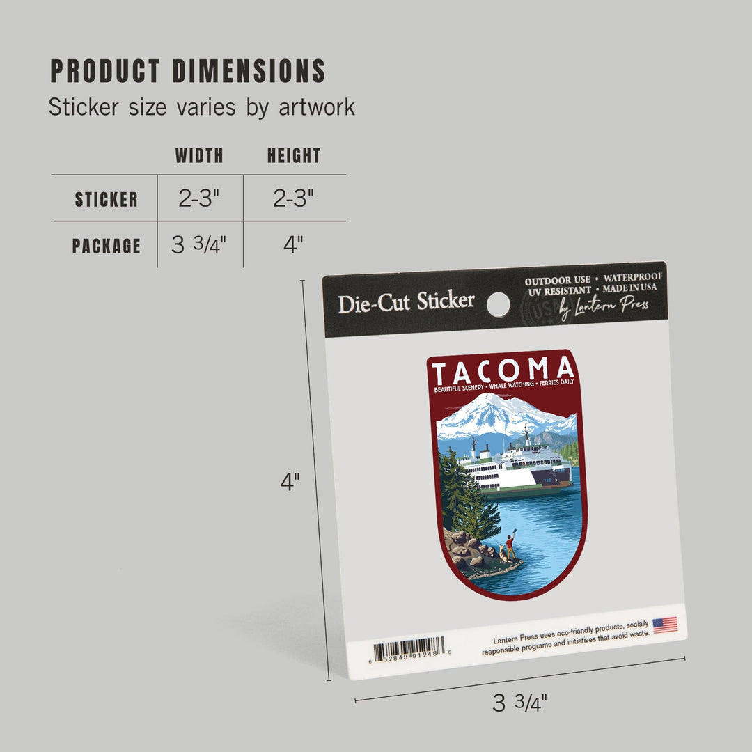 Tacoma, Washington, Ferry & Mount Rainier Scene, Contour, Lantern Press Artwork, Vinyl Sticker Sticker Lantern Press