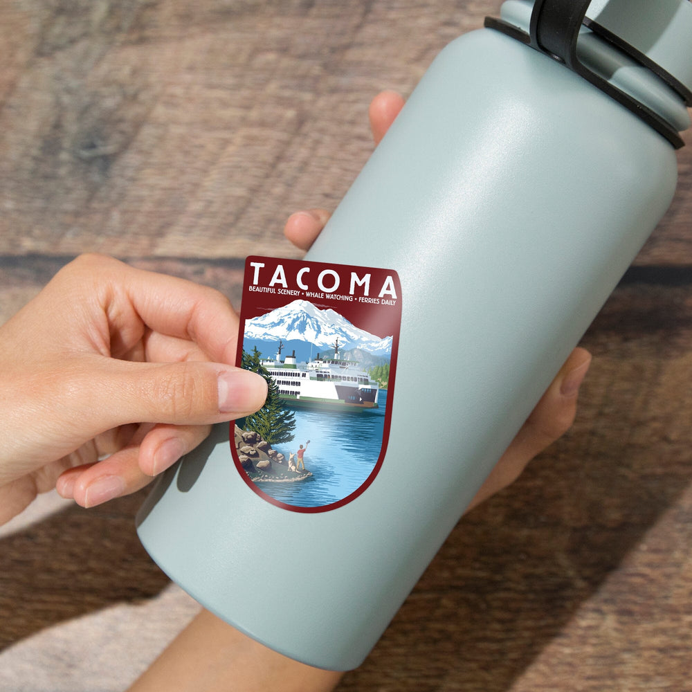 Tacoma, Washington, Ferry & Mount Rainier Scene, Contour, Lantern Press Artwork, Vinyl Sticker Sticker Lantern Press