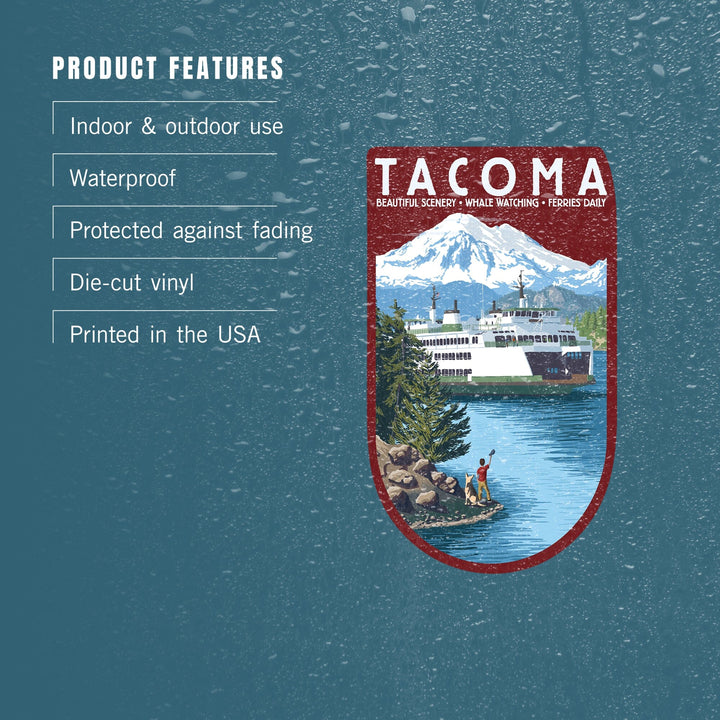 Tacoma, Washington, Ferry & Mount Rainier Scene, Contour, Lantern Press Artwork, Vinyl Sticker Sticker Lantern Press
