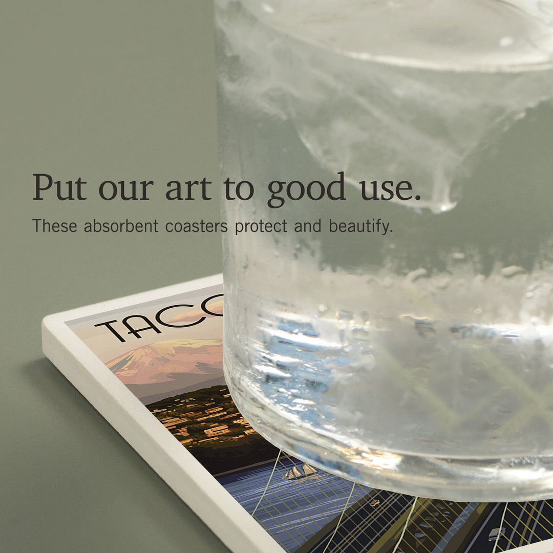 Tacoma, Washington, Narrows Bridge and Rainier, Coasters Coasters Lantern Press