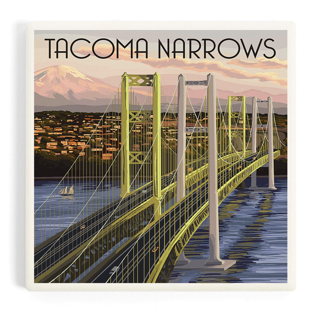 Tacoma, Washington, Narrows Bridge and Rainier, Coasters Coasters Lantern Press Coaster