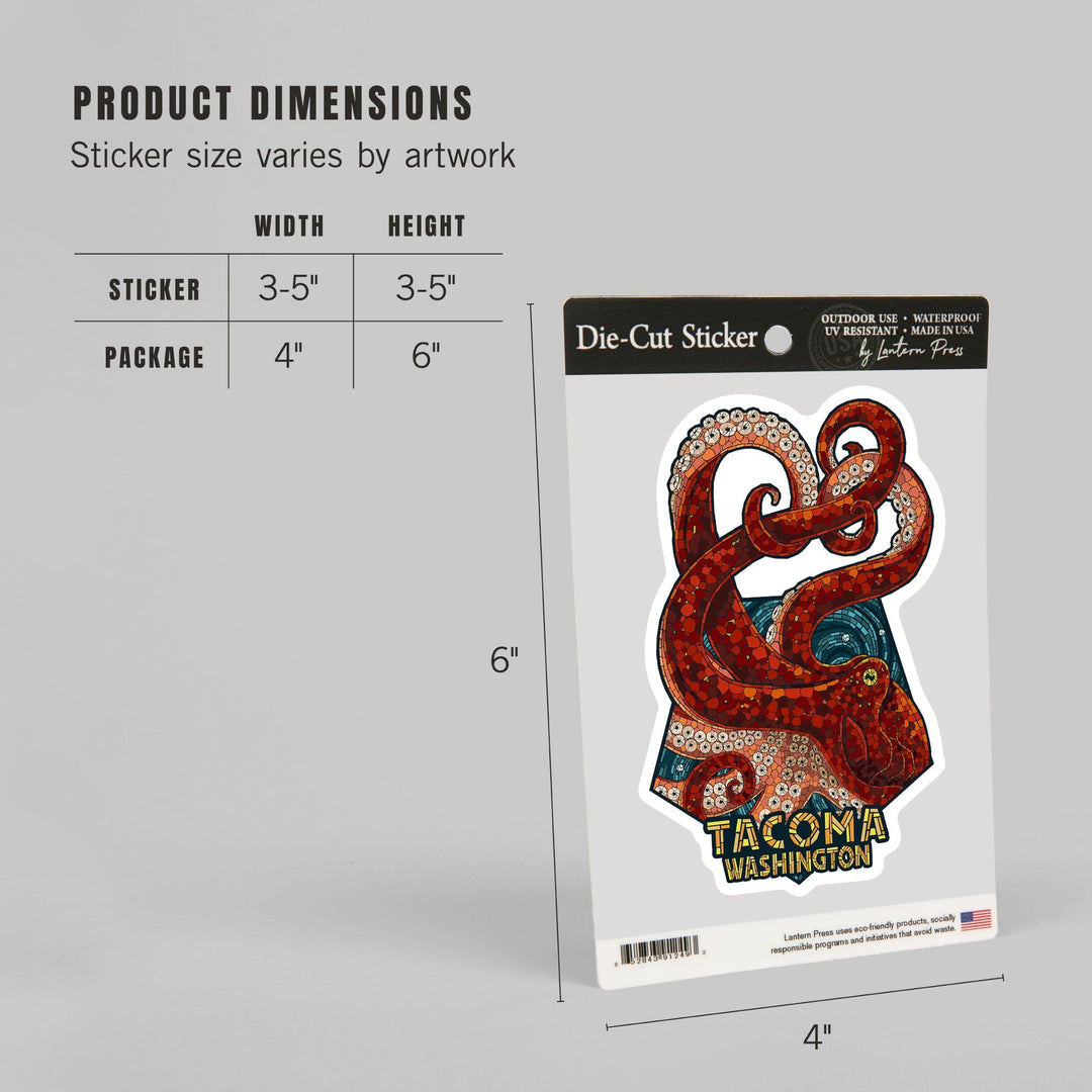 Tacoma, Washington, Octopus, Mosaic, Contour, Lantern Press Artwork, Vinyl Sticker Sticker Lantern Press