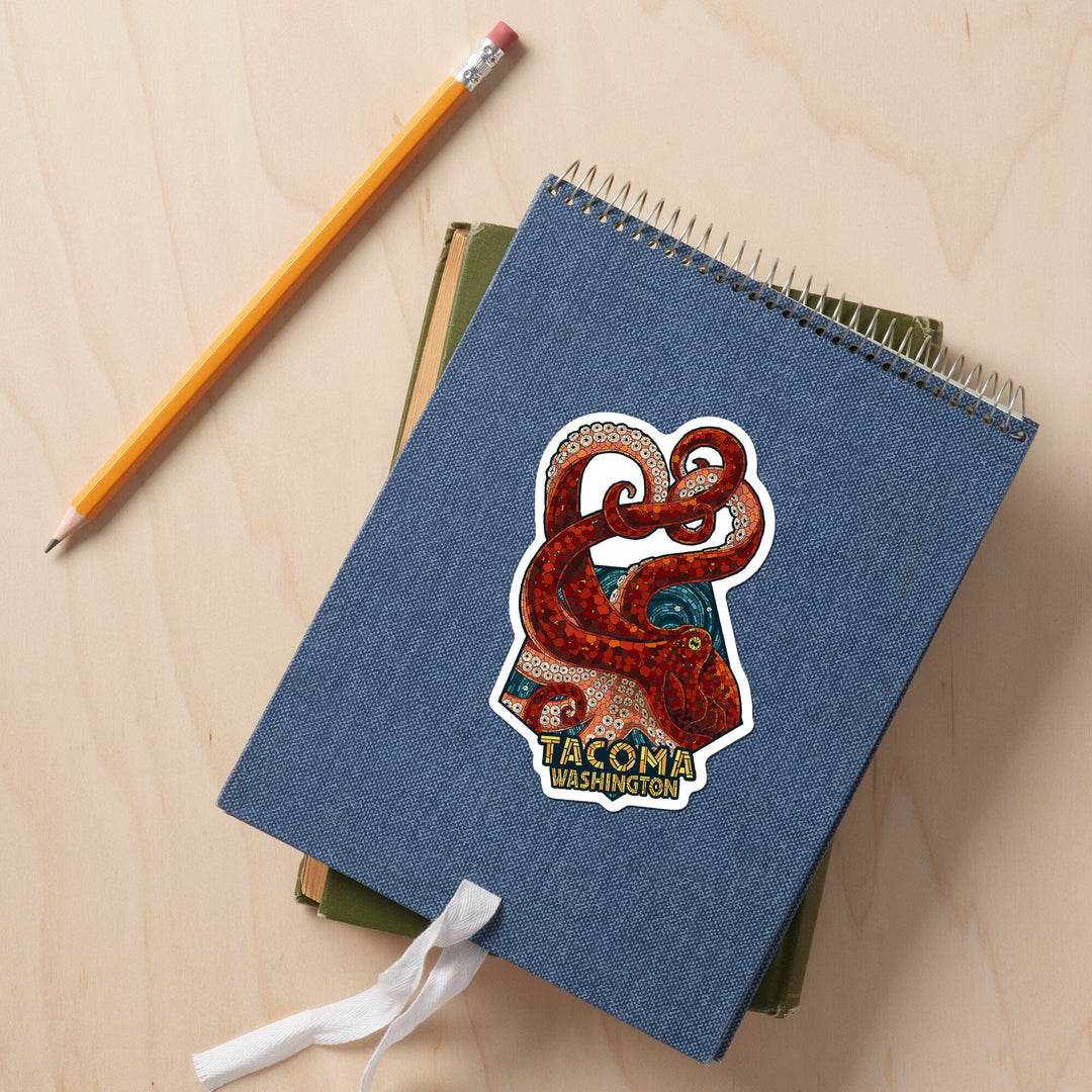 Tacoma, Washington, Octopus, Mosaic, Contour, Lantern Press Artwork, Vinyl Sticker Sticker Lantern Press
