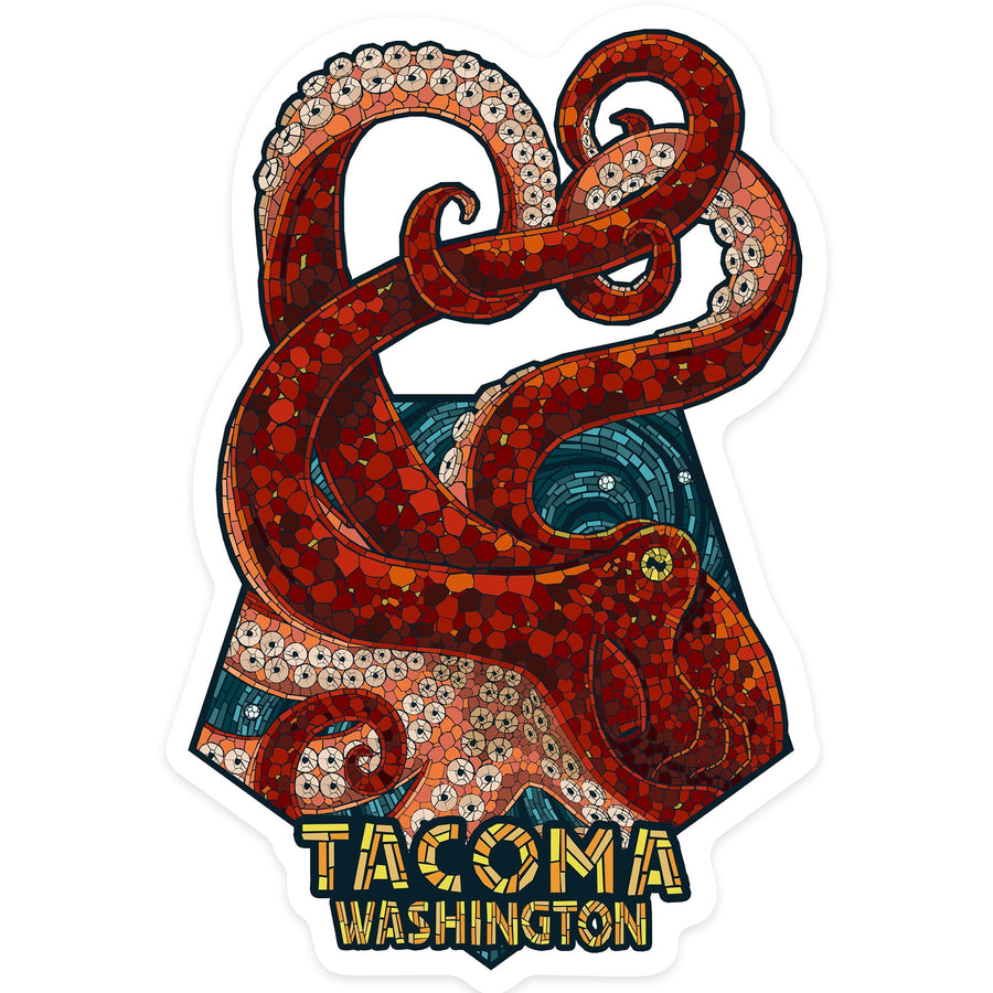 Tacoma, Washington, Octopus, Mosaic, Contour, Lantern Press Artwork, Vinyl Sticker Sticker Lantern Press