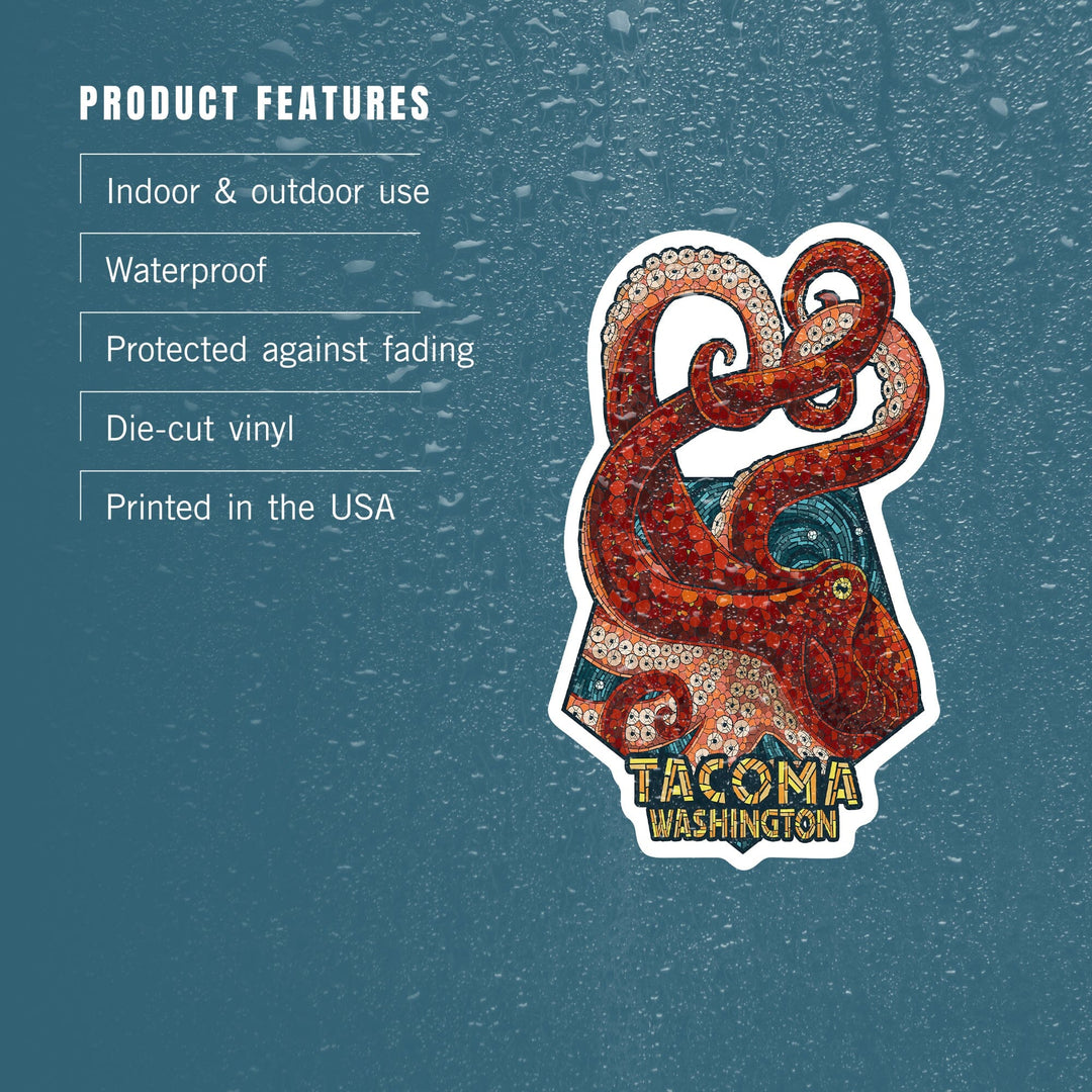 Tacoma, Washington, Octopus, Mosaic, Contour, Lantern Press Artwork, Vinyl Sticker Sticker Lantern Press