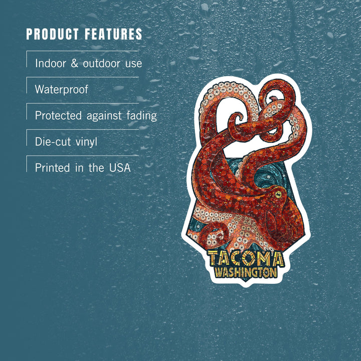 Tacoma, Washington, Octopus, Mosaic, Contour, Lantern Press Artwork, Vinyl Sticker Sticker Lantern Press